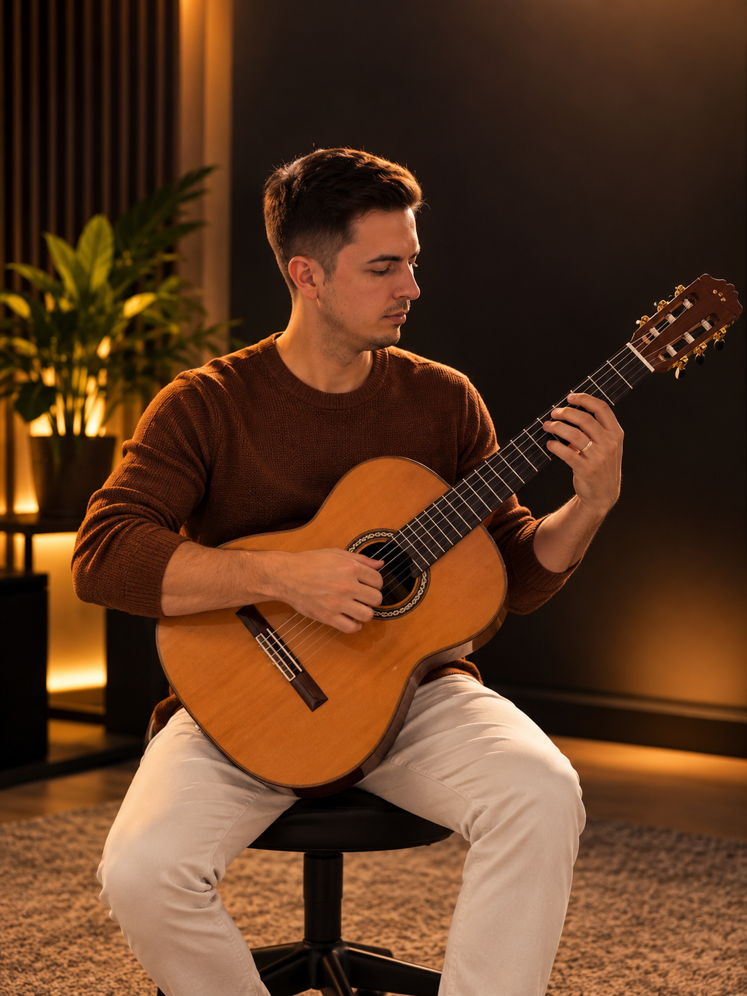 Andrés playing a classical guitar in a warmly lit space