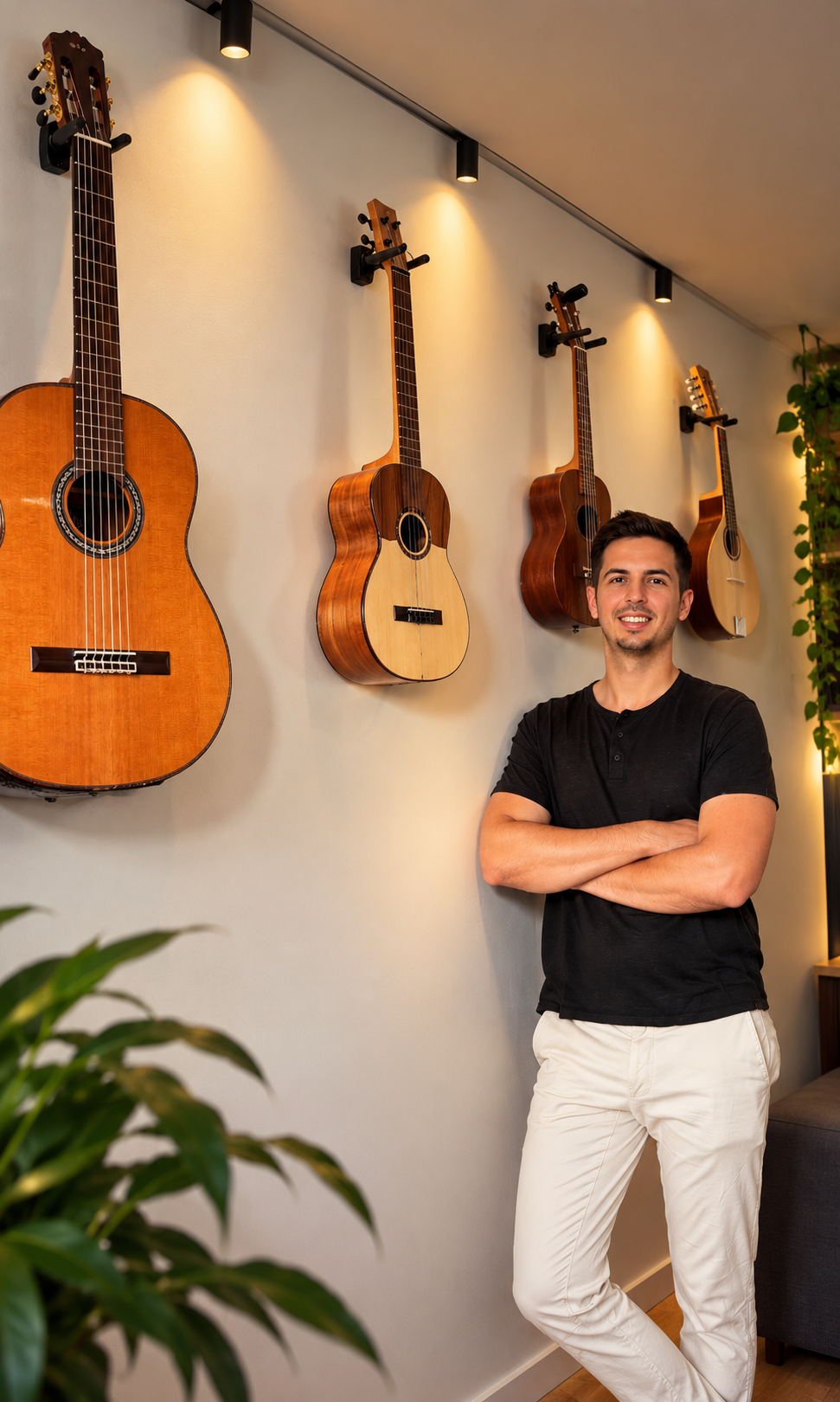Andrés standing beside a collection of string instruments in a warmly lit space