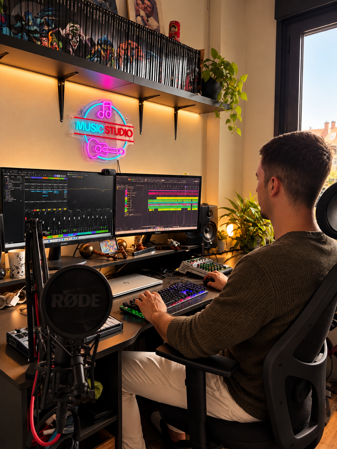 Andrés working on music at his home recording desk
